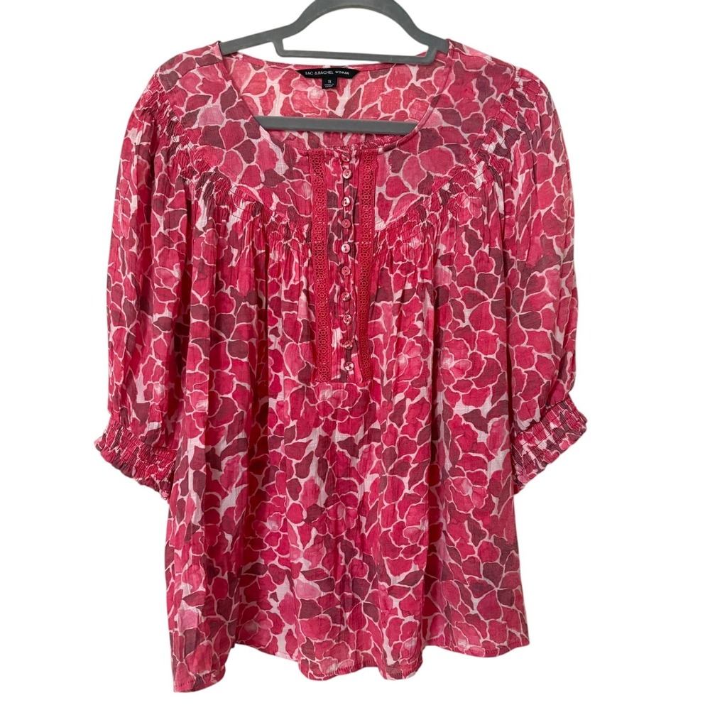 Zac & Rachel Womans 1X Peasant Blouse Pink Smocked Sleeve Relaxed Fit Flowy